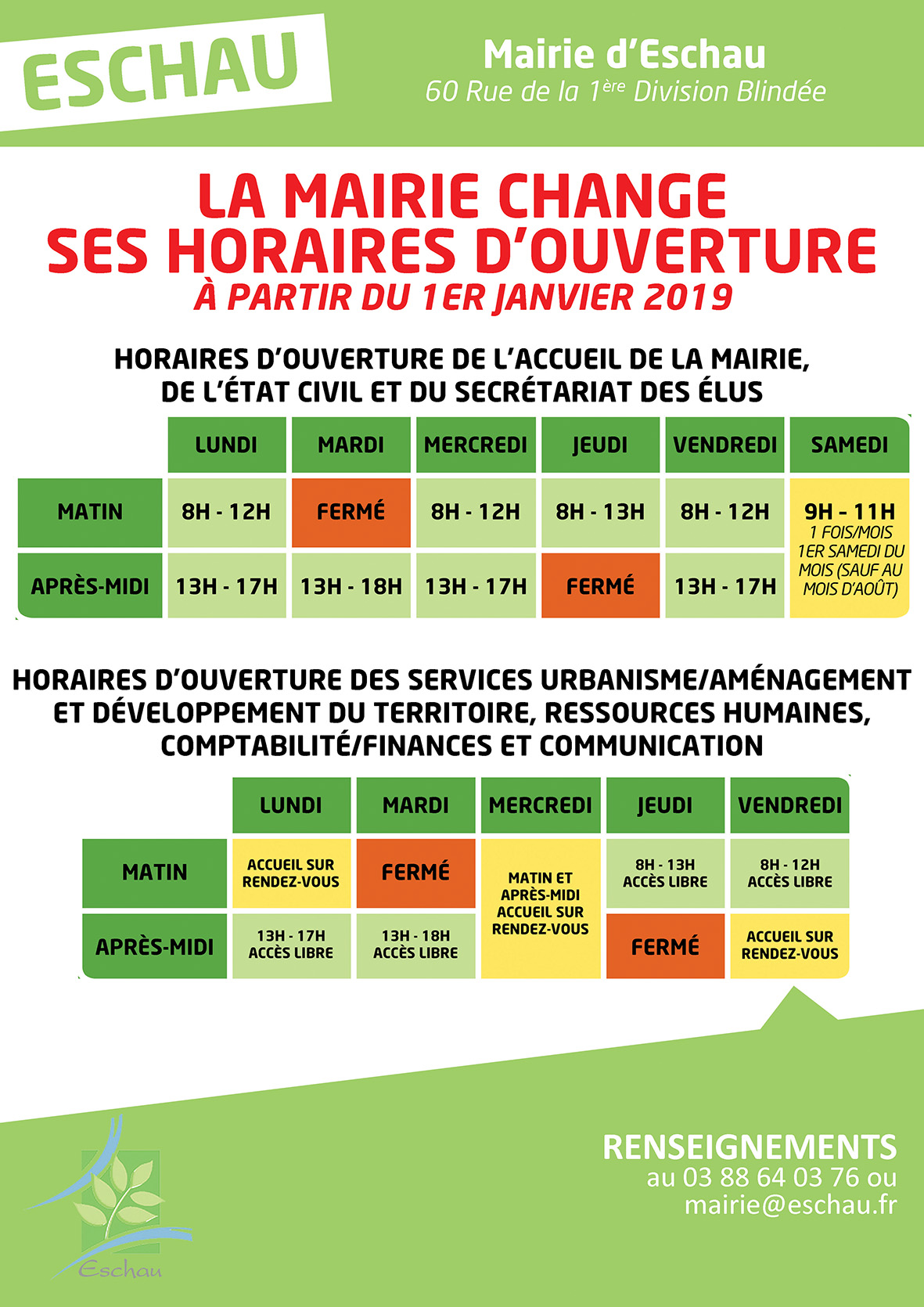 Horaire mairie – Affiche aux administrés web – Commune d'Eschau